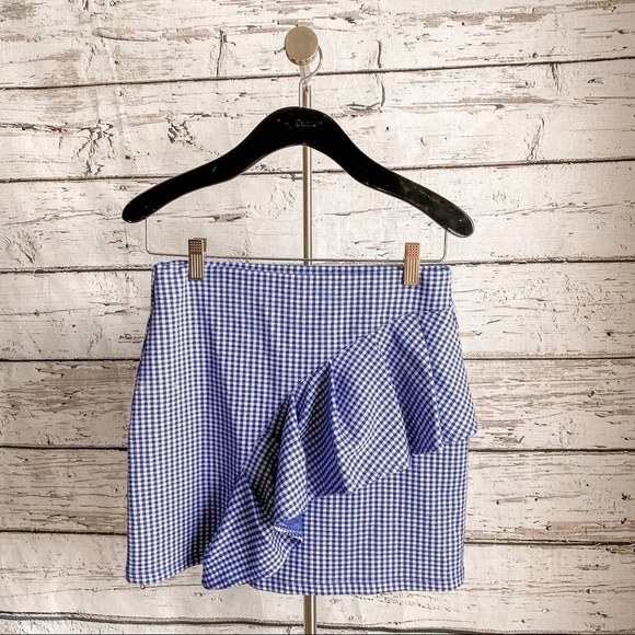 TOPSHOP Blue & White Gingham Ruffled Mini Skirt - Picture 2 of 5